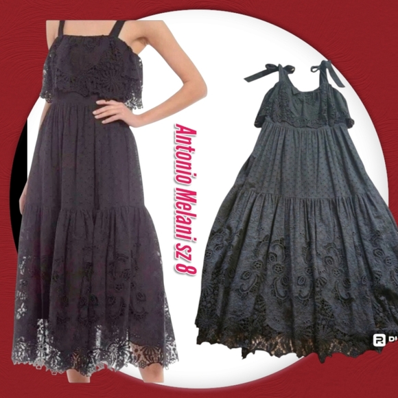 Antonio Melani Woman Dress eyelet embroidery Sleeveless flowy Tierd Midi Black - Picture 1 of 15
